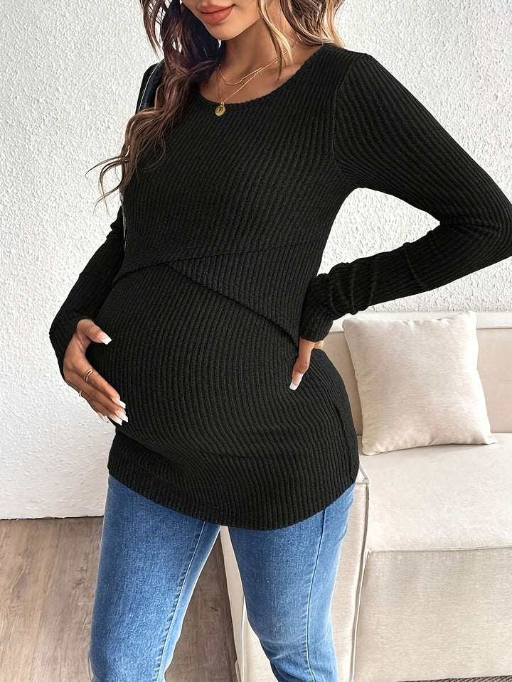 Elegant Beige Knit Maternity Top for Women with Scoop Neck Long Sleeve Plus Size Style