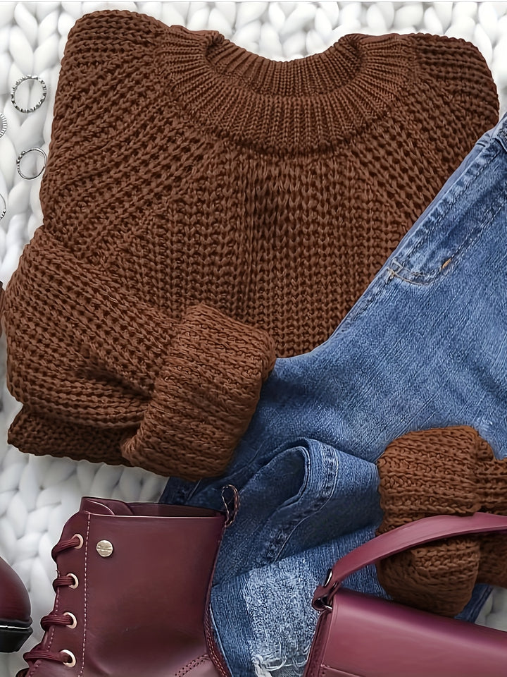 Edith | Women's Knit Oversized Crew Neck Long Sleeve Belted Casual Blouse
