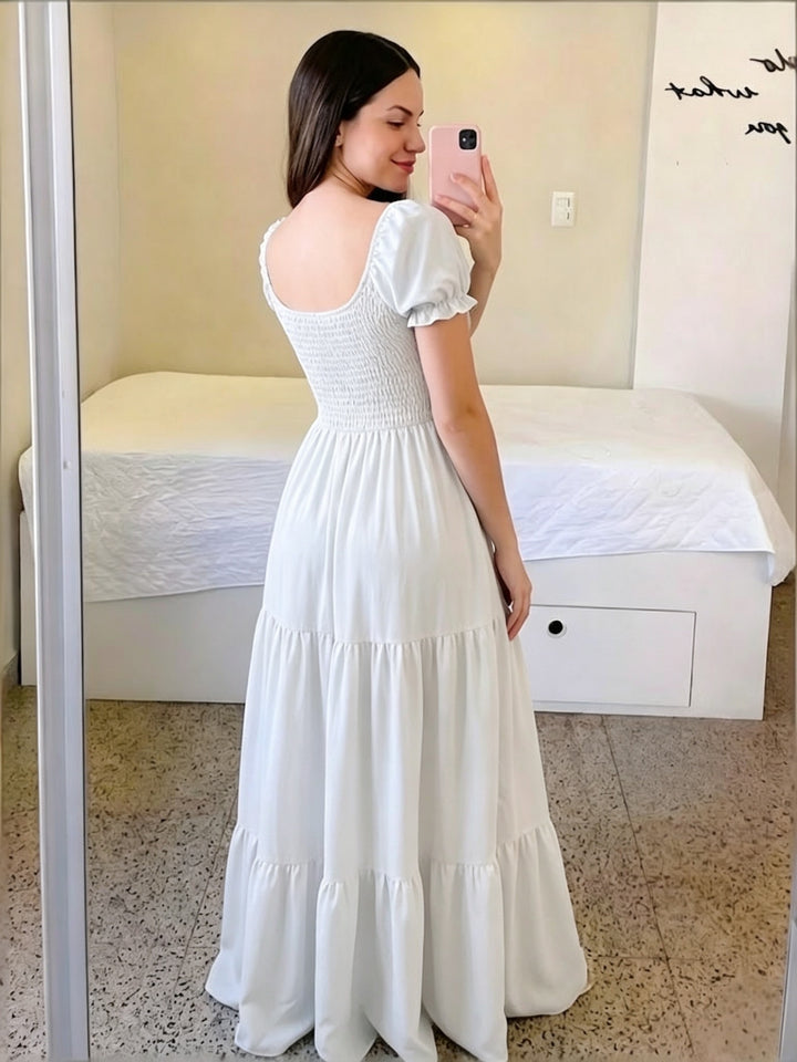 Pilar | Women's Square Neck Short Sleeve Tiered Casual Maxi Smocked Dress