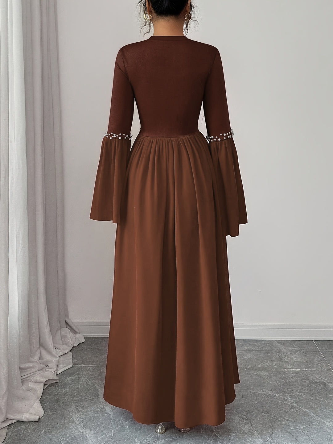 Beaded Round Neck Bell Sleeve A Line Maxi Wedding Guest Dress