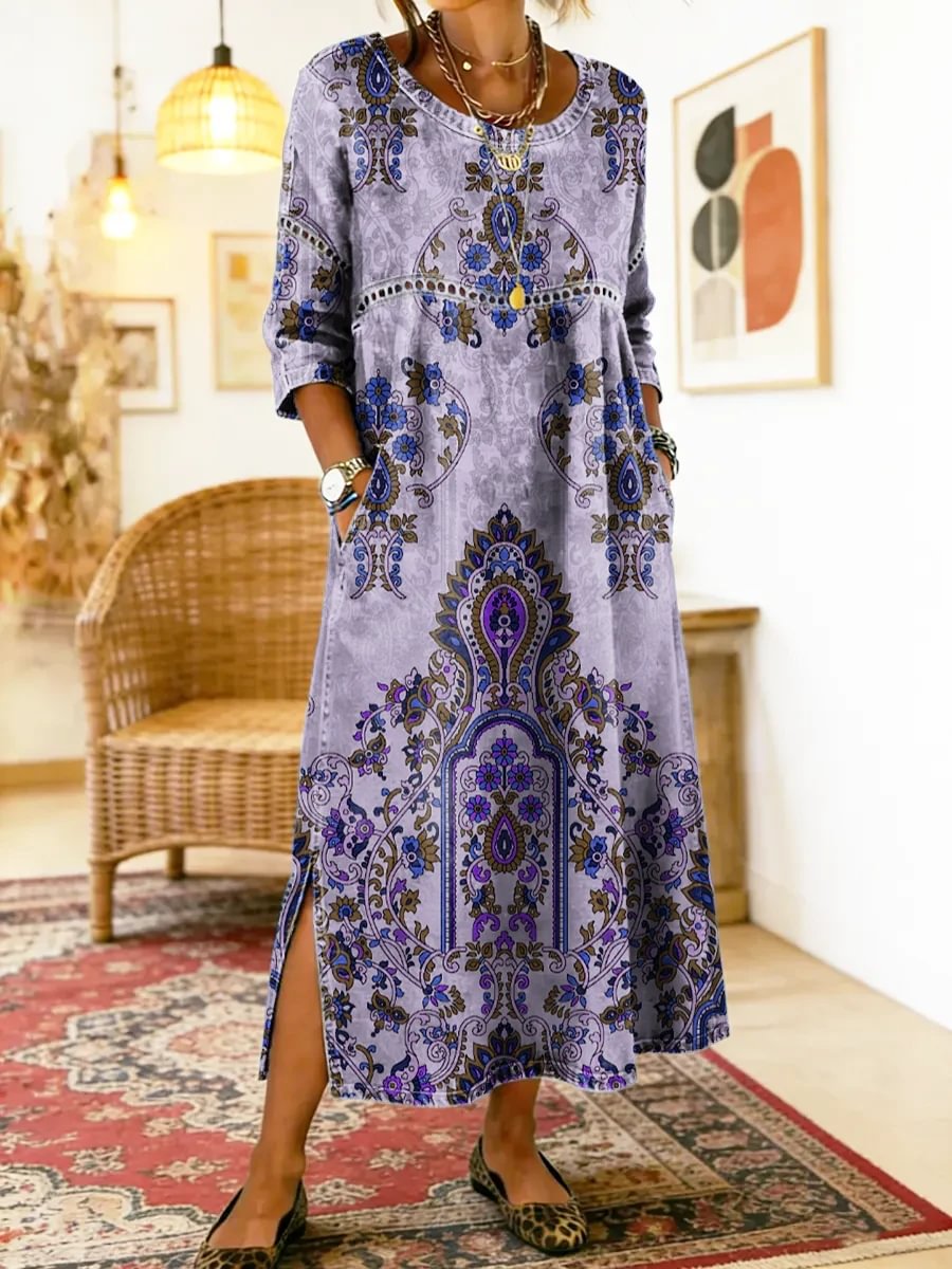Boho Floral Print Round Neck Long Sleeve Pocket Loose Plus Size Maxi Dress