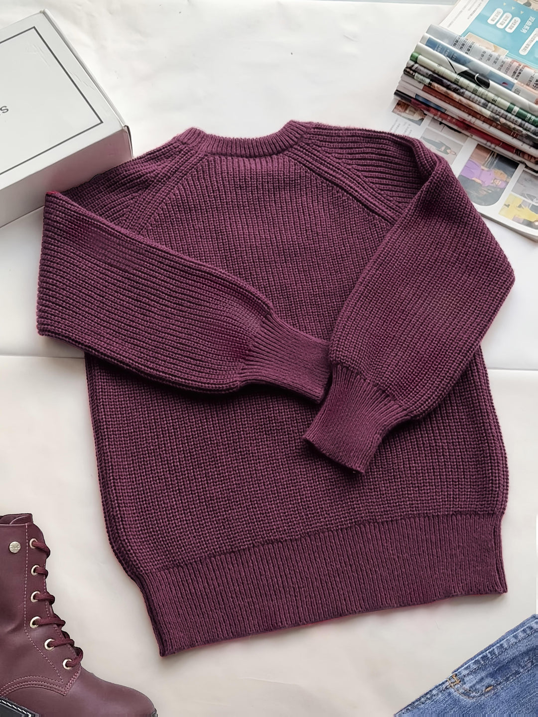 Edith | Women's Knit Oversized Crew Neck Long Sleeve Belted Casual Blouse