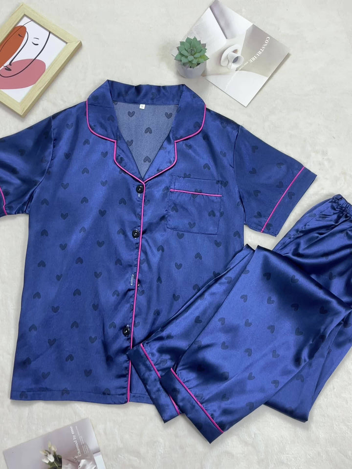 London | Women's Navy Satin Button Front Casual Pajama Sequin Set