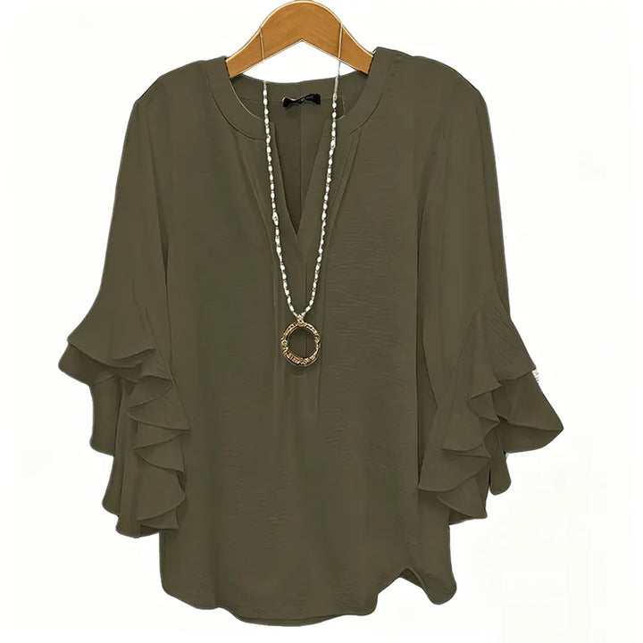 V Neck Ruffle Bell Sleeve Flowy Going Out Tunic Blouse Top
