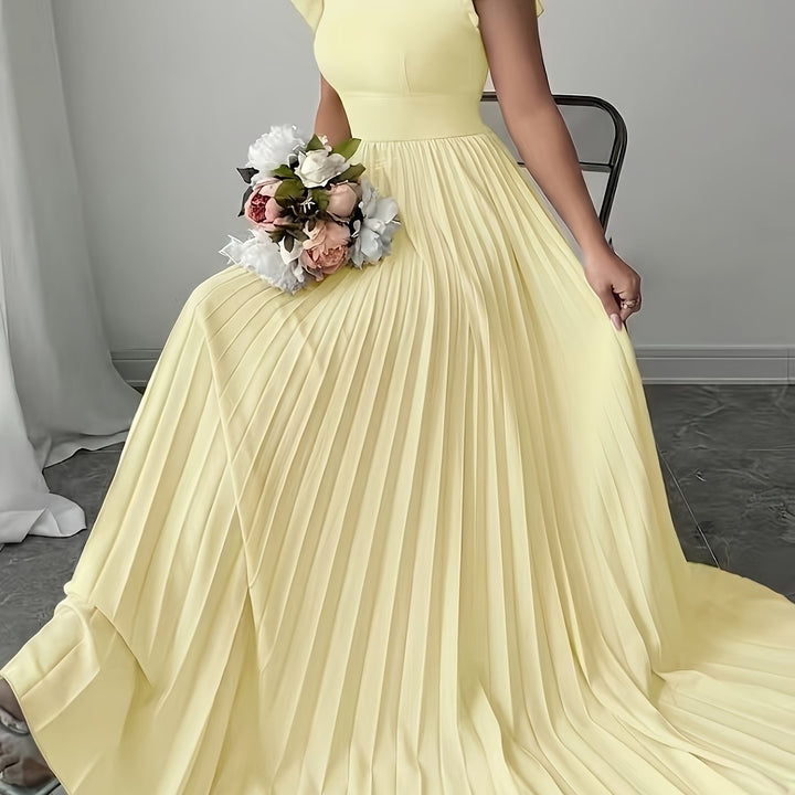 Ivory Floral Square Neck Ruffle Sleeve Pleated A Line Maxi Wedding Guest Dress