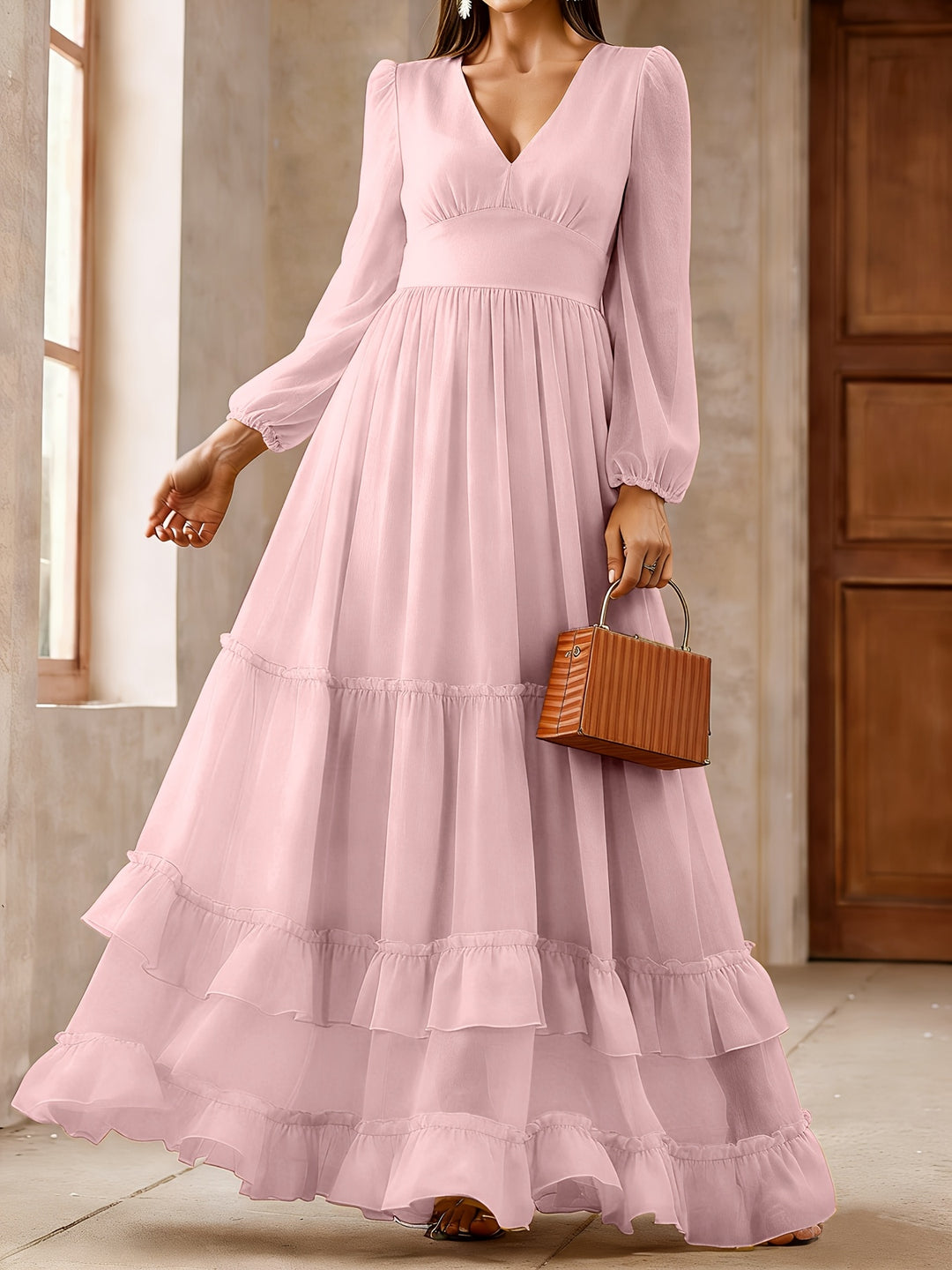 Logan | Women's Chiffon V Neck Long Sleeve Tiered Wedding Guest Dress