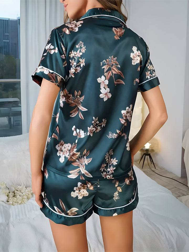 Amelia | Women's Olive Floral Button Front Casual Pajama Sequin Set