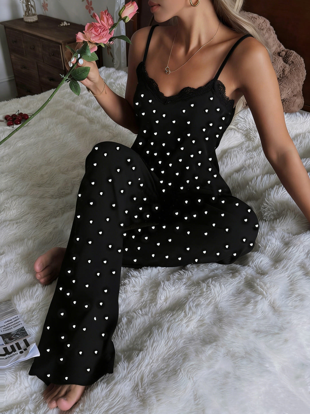 Ysabel | Women's Heart Print Camisole Pajamas Casual Sleepwear Set