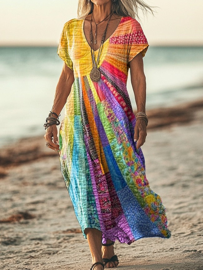 Jane | Women's Sun Print V Neck Long Sleeve Casual Maxi Dress