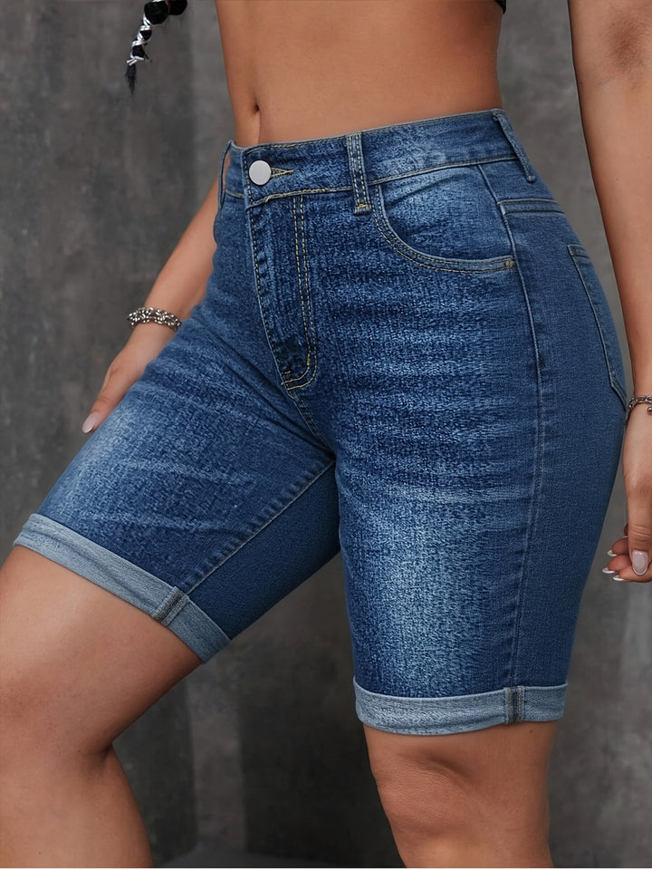 Casual Medium Blue Jean Short for Women with High Waist Cuffed Hem Stretch