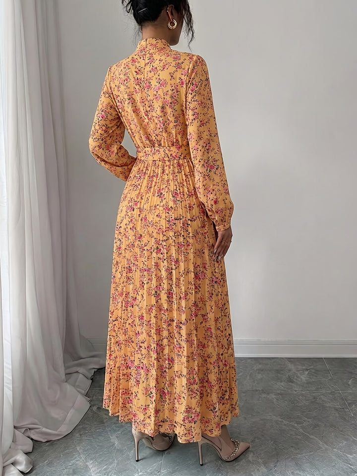 Elegant Floral Long Sleeve Midi Dress for Women with Collared Casual Style