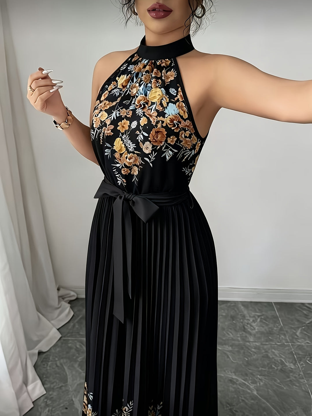 Women's Black Floral Halter Neck Pleated Belted Maxi Wedding Guest Dress