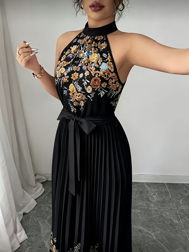 Women's Black Floral Halter Neck Pleated Belted Maxi Wedding Guest Dress