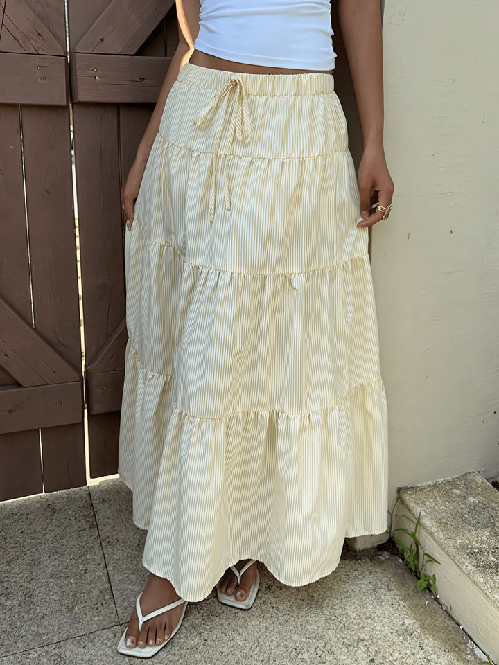 Yellow Skirts Tiered Stripe Drawstring Waist Maxi