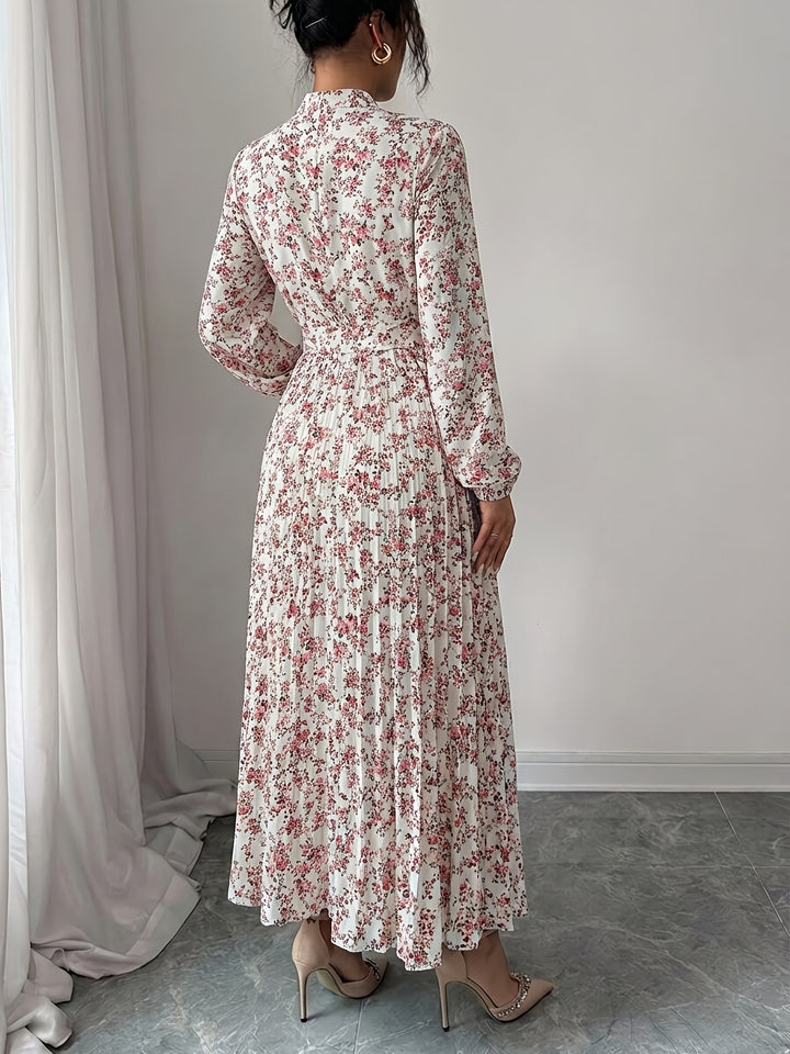 Elegant Floral Long Sleeve Midi Dress for Women with Collared Casual Style