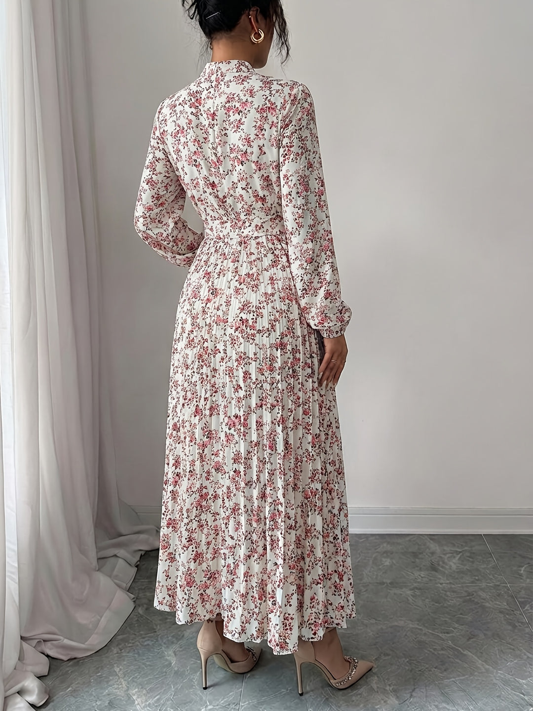 Freya | Women's Floral High Neck Long Sleeve Belted Wedding Guest Dress
