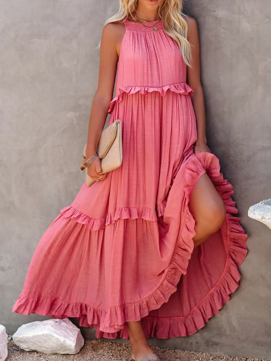 Pink Dress Tiered Ruffle Smocked Halter Maxi