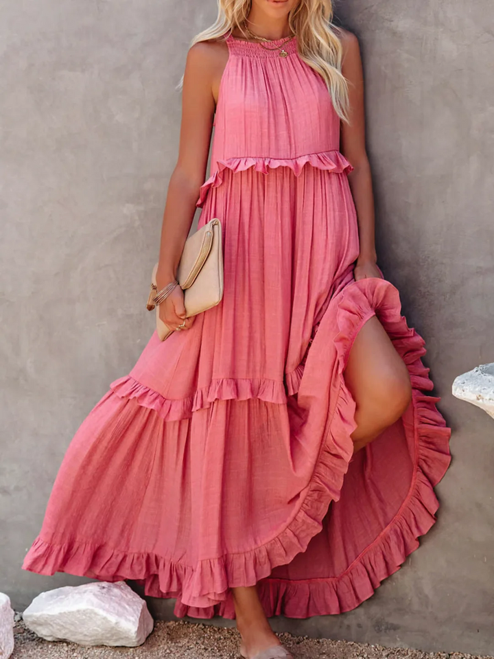 Pink Dress Tiered Ruffle Smocked Halter Maxi