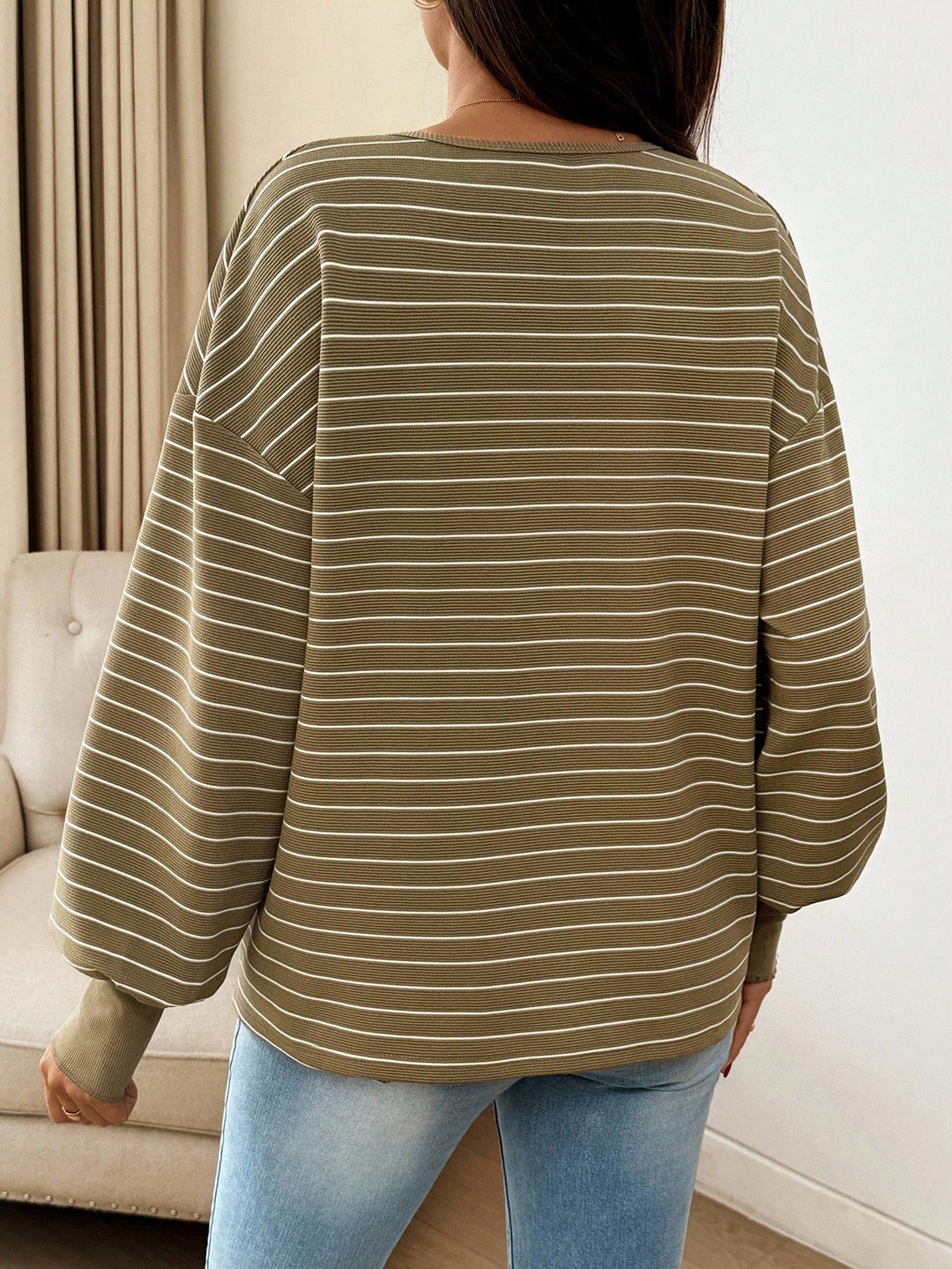 Elegant Green Stripe Knit Maternity Top for Women with Crew Neck Long Sleeve Button Front Plus Size Flowy Style