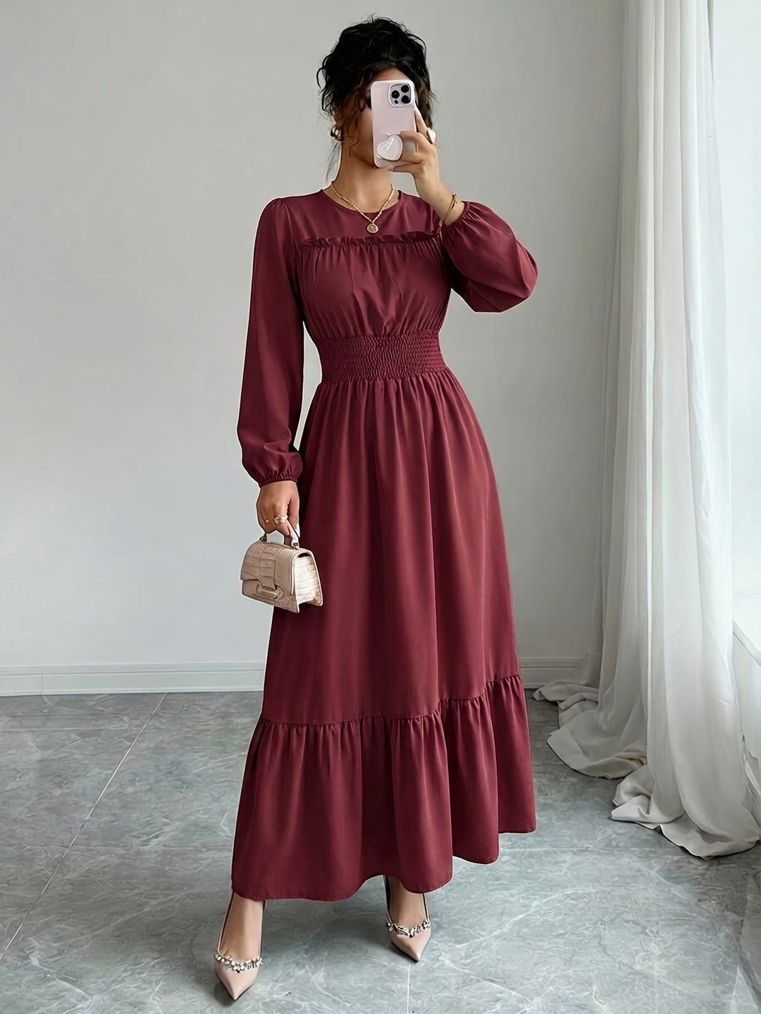 Elegant Red Lace Mother of the Bride Dress for Women with Crew Neck Long Sleeve Smocked Tiered Formal Style