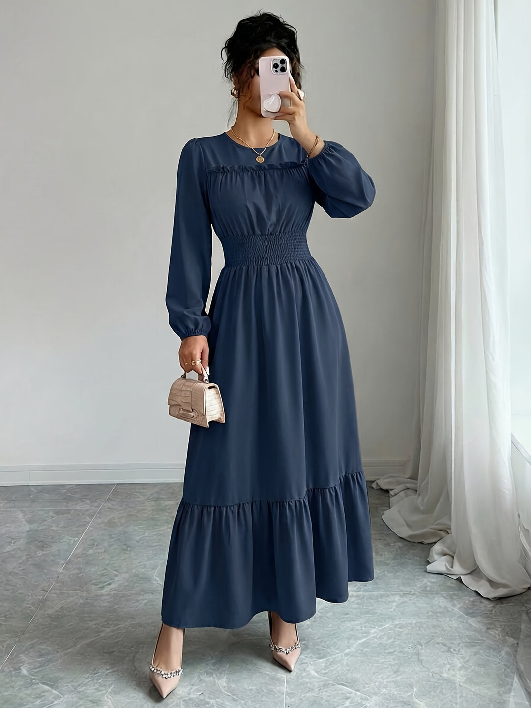 Elegant Red Lace Mother of the Bride Dress for Women with Crew Neck Long Sleeve Smocked Tiered Formal Style