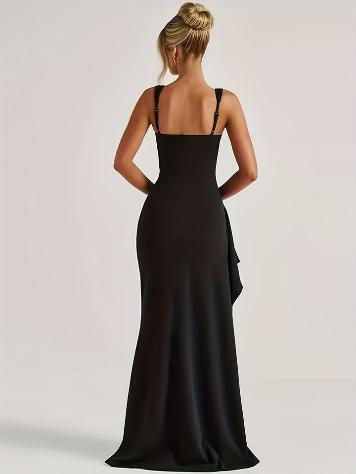 Women's Black Ruched Square Neck High Slit Bodycon Formal Wedding Guest Maxi Dress