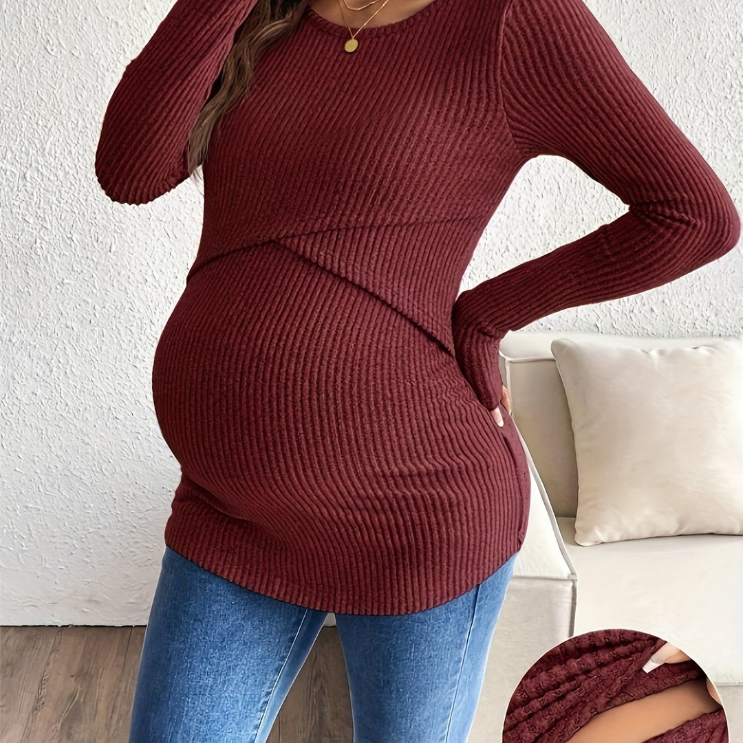Elegant Beige Knit Maternity Top for Women with Scoop Neck Long Sleeve Plus Size Style