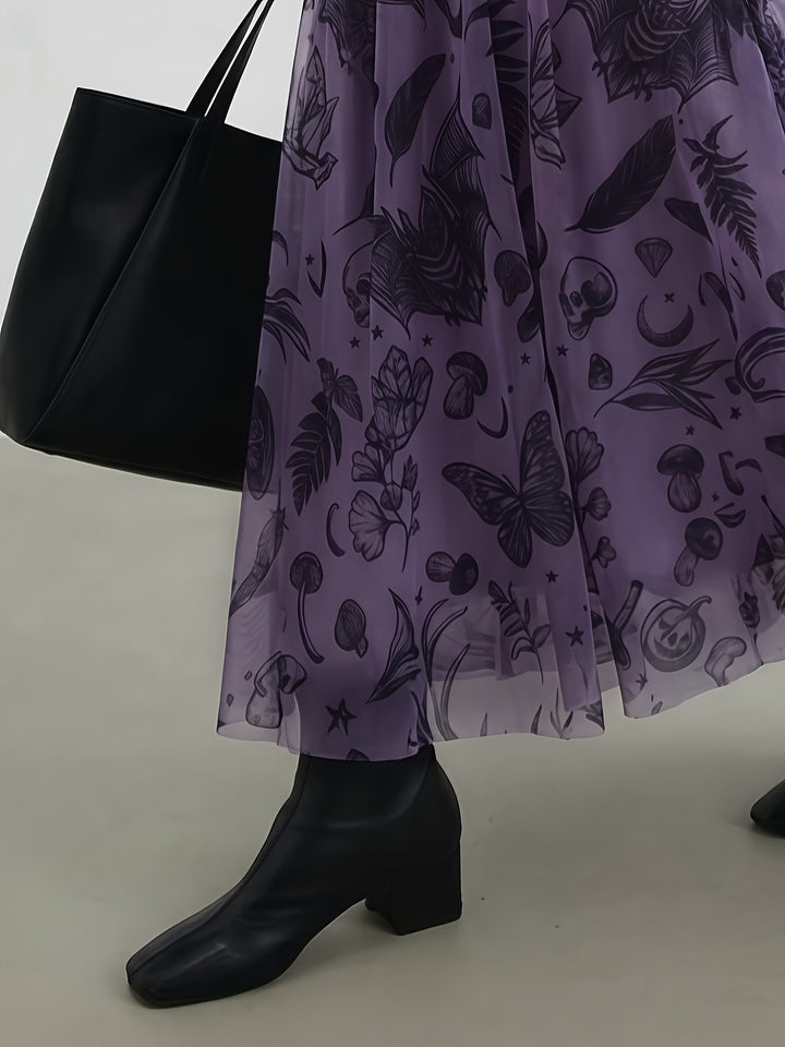 Saffron | Women's Plus Size Halloween Mesh Skull Print Dress