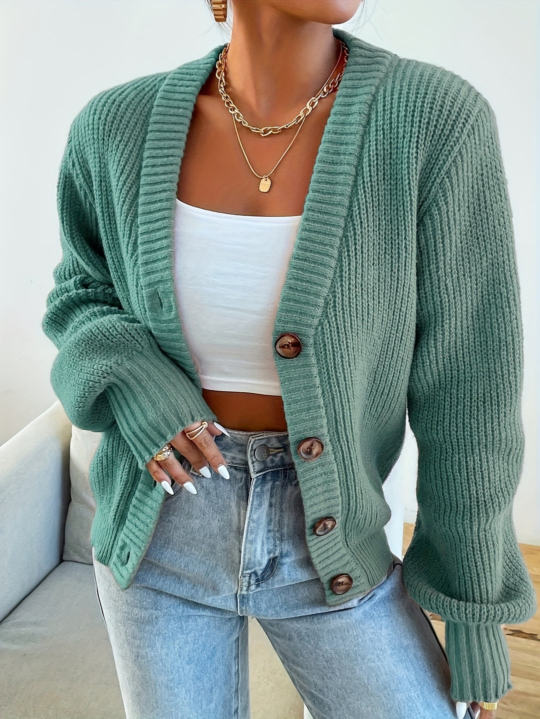 Cozy Army Green Fall Sweater Cardigan for Women with Cardigan V-neck Button