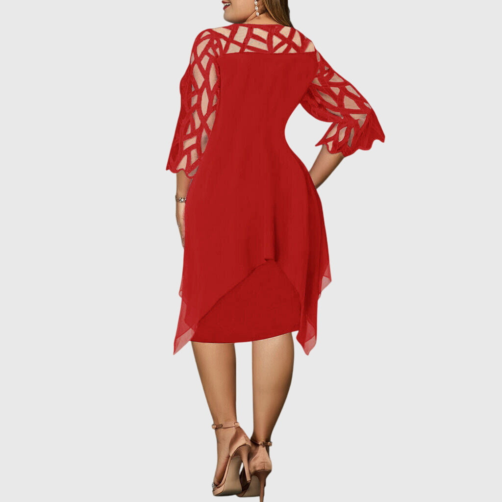 Red Dress Lattice Neckline Asymmetrical Hem
