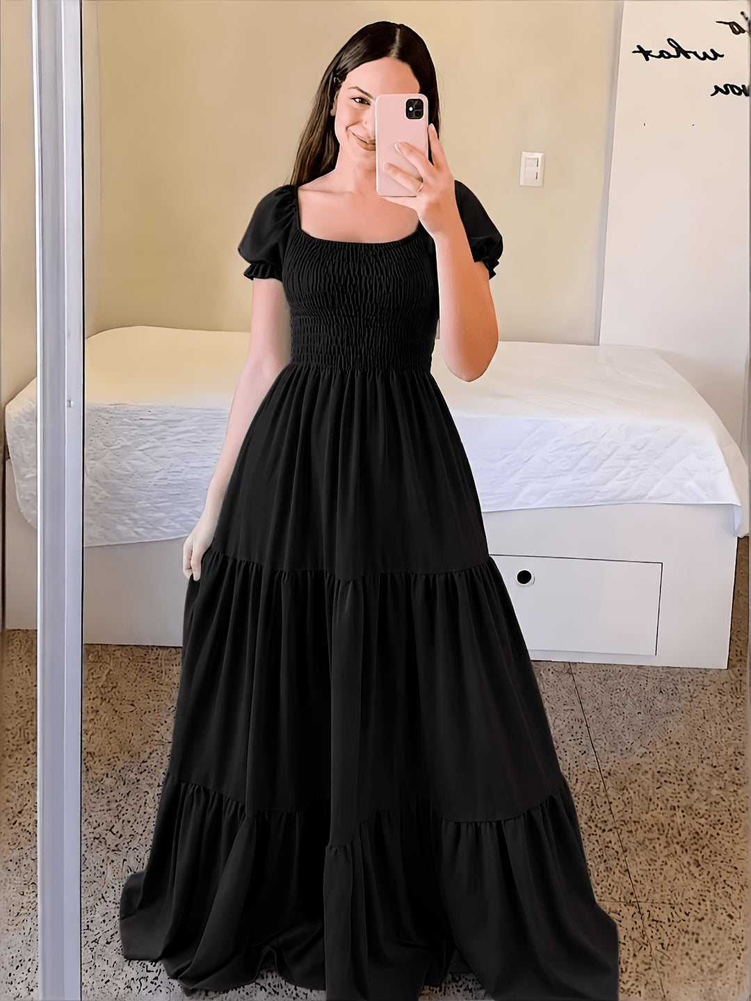 Pilar | Women's Square Neck Short Sleeve Tiered Casual Maxi Smocked Dress