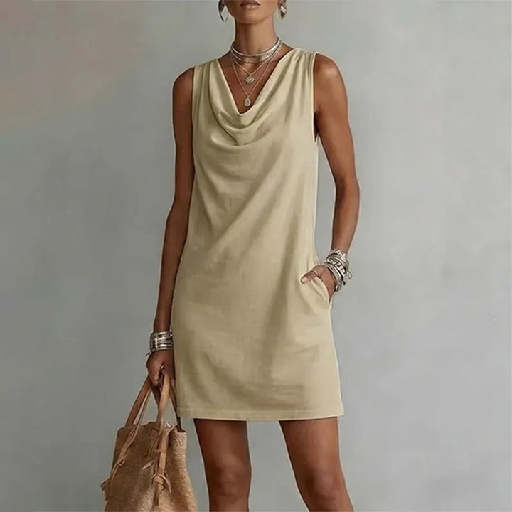 Cowl Neck Sleeveless Pocket Casual Shift Mini Sundress