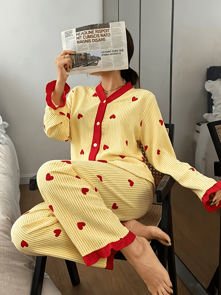 Effortless Heart Pajamas for Women with V Neck Long Sleeve Contrast Cuff Casual Style