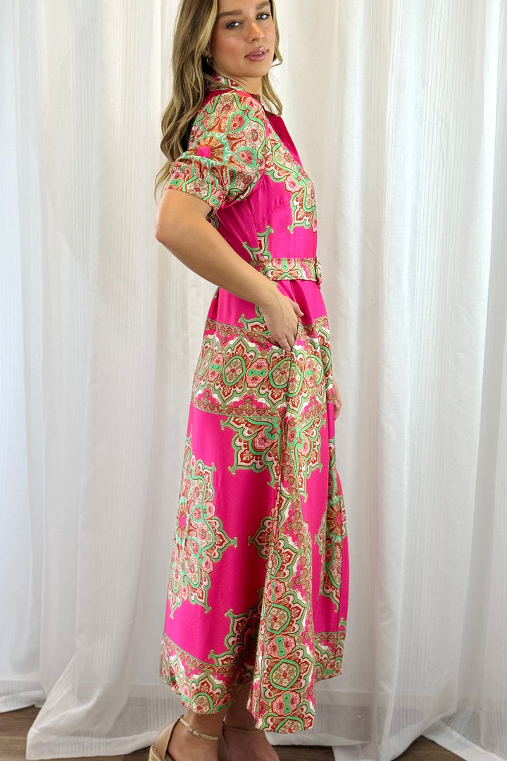 Llinos | Women Paisley Shirt Pink Midi Dress