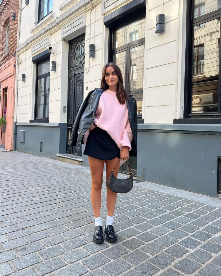 Nell | Women's Pink Crew Neck Long Sleeve Casual Knit Sweater