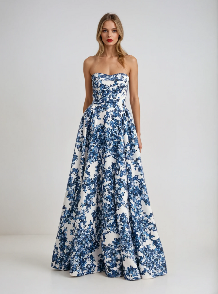 Vivian | Women's Blue Floral Maxi Strapless Lined Evening Gown