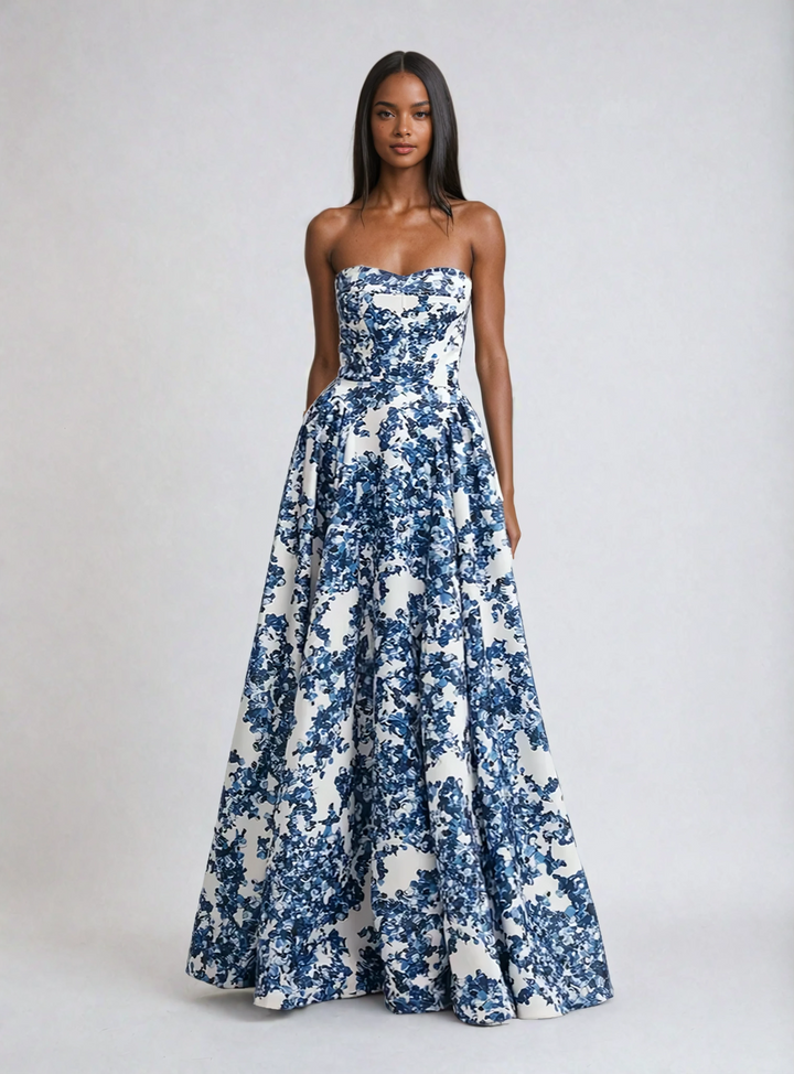 Vivian | Women's Blue Floral Maxi Strapless Lined Evening Gown