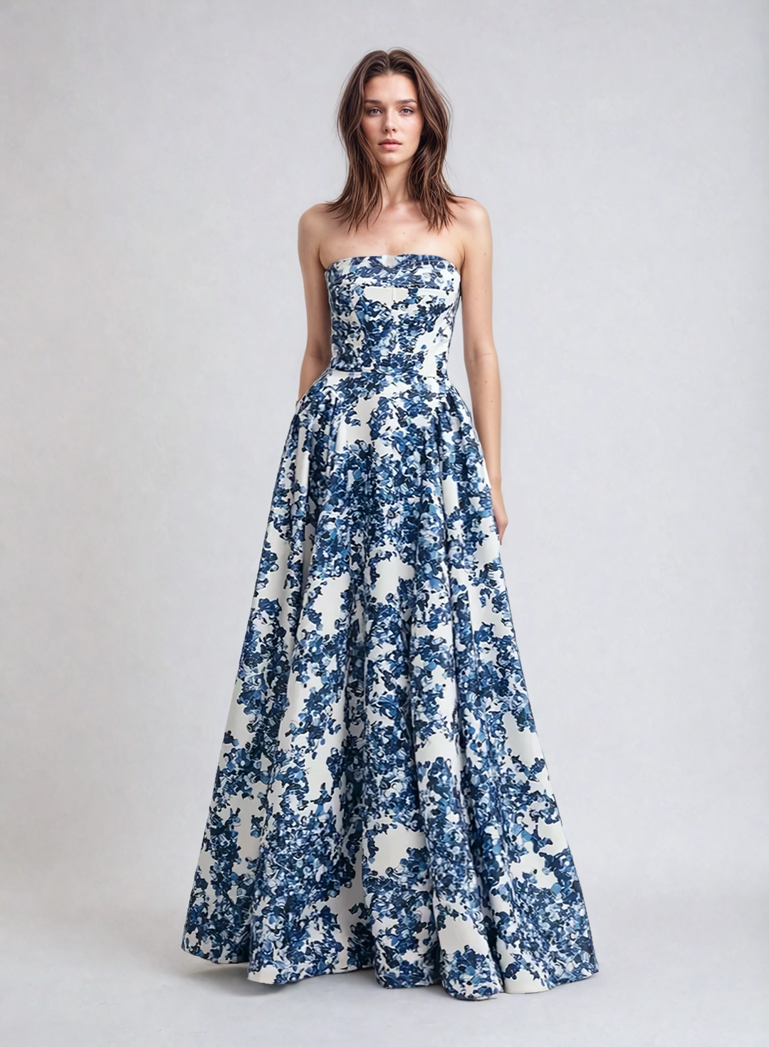Vivian | Women's Blue Floral Maxi Strapless Lined Evening Gown