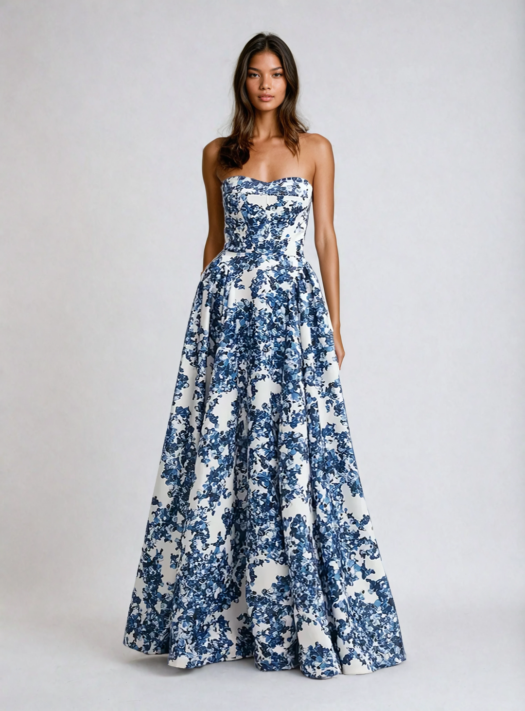 Vivian | Women's Blue Floral Maxi Strapless Lined Evening Gown