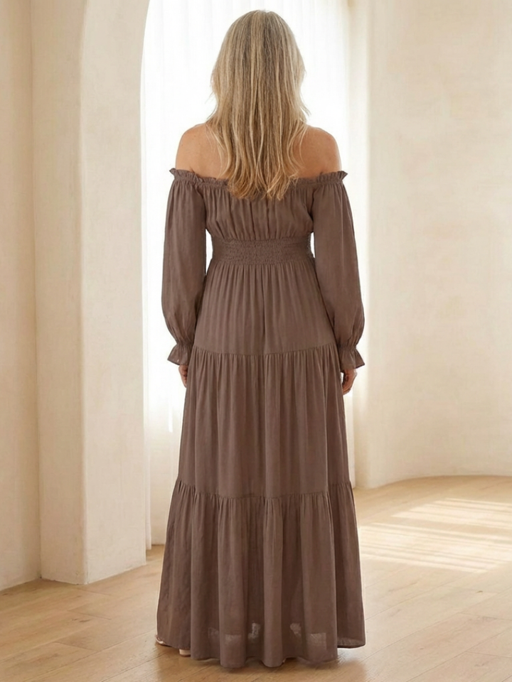 Aveline | Women's Brown Off Shoulder Long Sleeve Smocked Maxi Dress