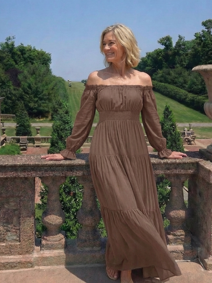 Aveline | Women's Brown Off Shoulder Long Sleeve Smocked Maxi Dress
