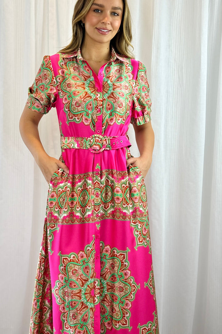 Llinos | Women Paisley Shirt Pink Midi Dress