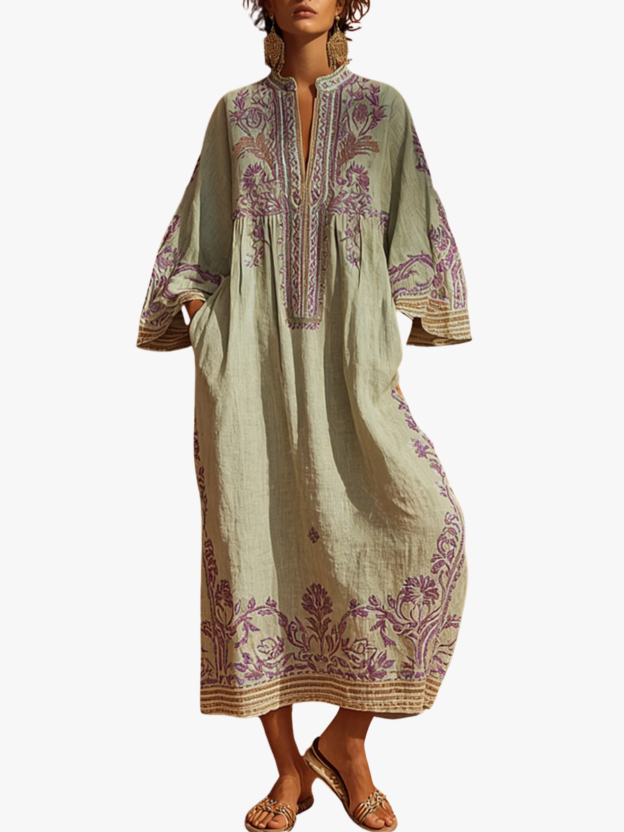 Maxi Dress Floral Embroidery Bell Sleeve