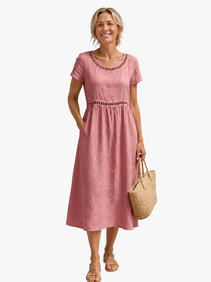 Midi Dress Lattice Neckline Pocket