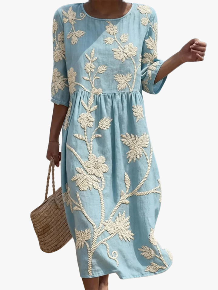 Maxi Dress Floral Embroidery Elbow Sleeve