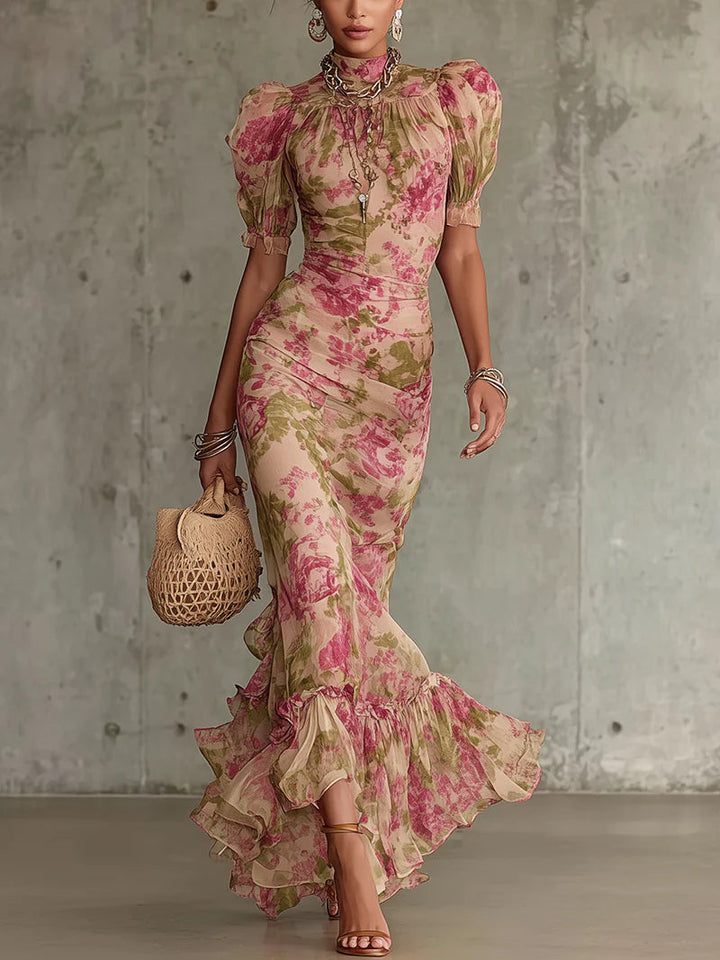 Maxi Dress Floral Puff Sleeve Ruffle Hem