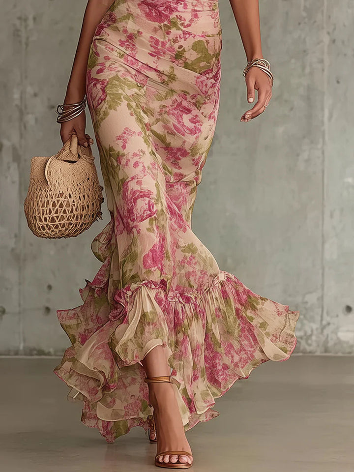 Maxi Dress Floral Puff Sleeve Ruffle Hem