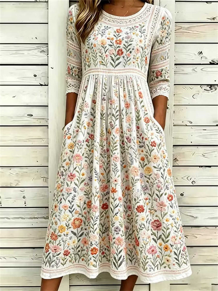 Aubrey | Women's Beige Floral Embroidered Midi Dress