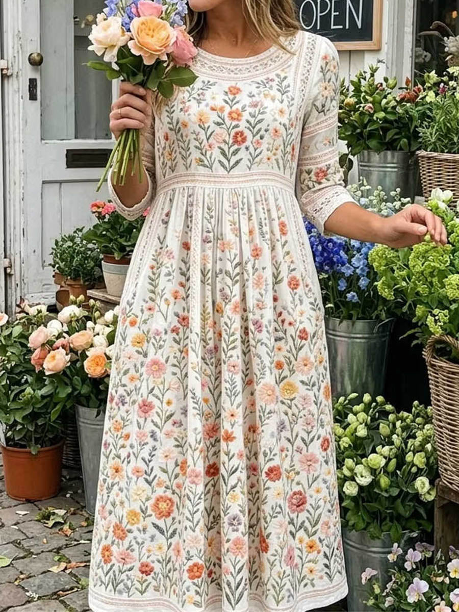 Aubrey | Women's Beige Floral Embroidered Midi Dress