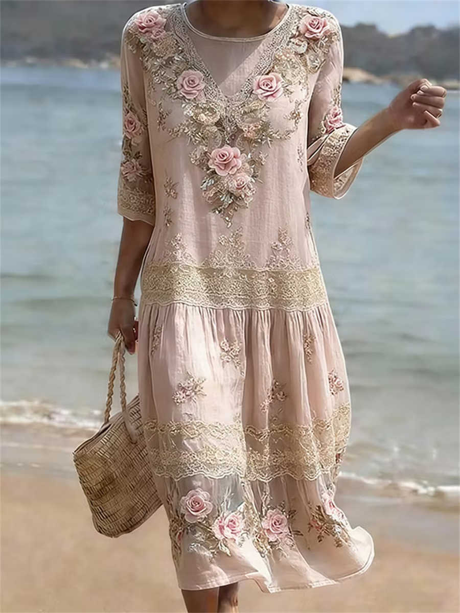 Lara | Women's Pink Lace Embroidered Midi Dress